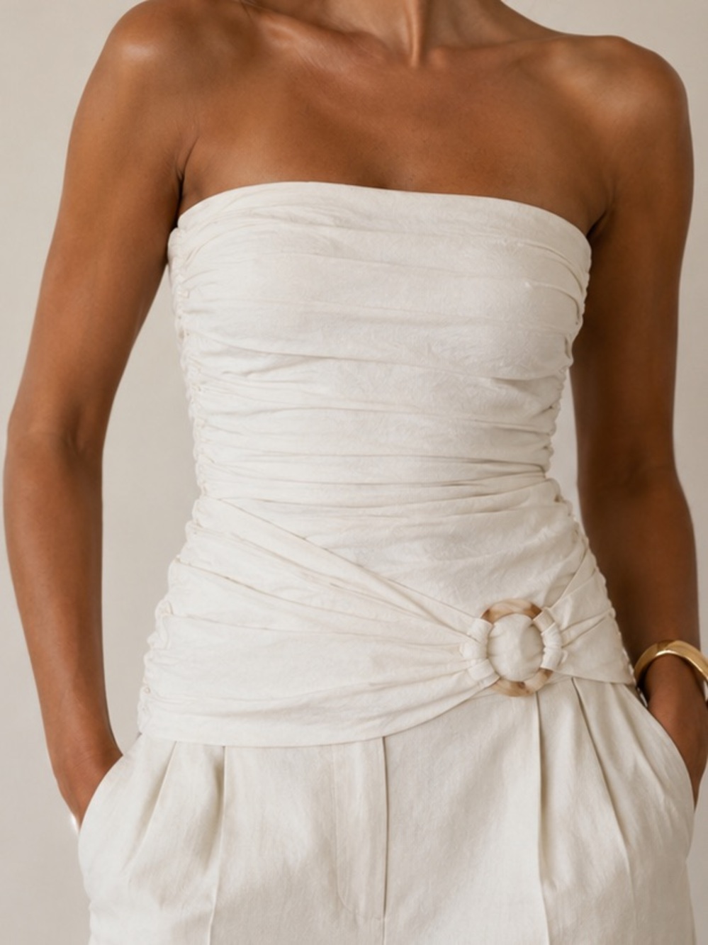 Zara Ruched Strapless Bandeau Tube Top Ivory Cream Tortoise Ring Detail NWT SZ L
